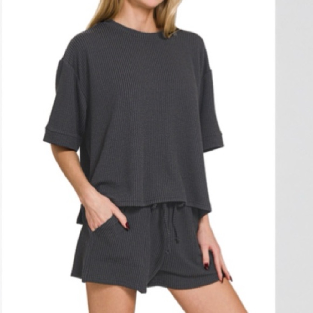 NWT ZENANA Black Ribbed Tee T Shirt Short Set S M L